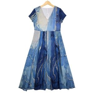 NWT Made With Love Women's Blue Marble Chiffon Flutter Sleeve Maxi Dress Small